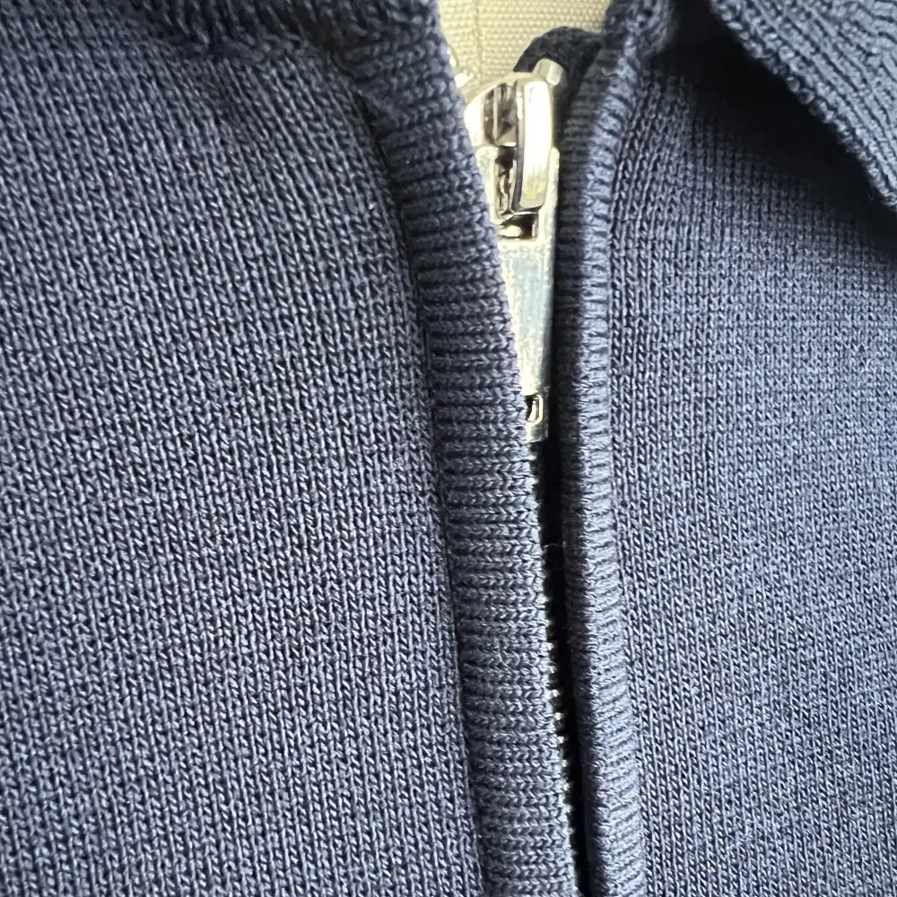 Blue zip knit cardigan detail
