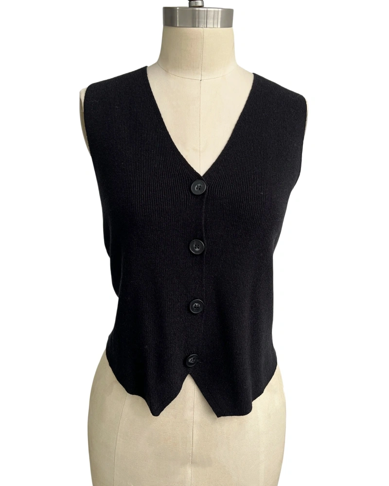 Women's black V-neck button knit vest