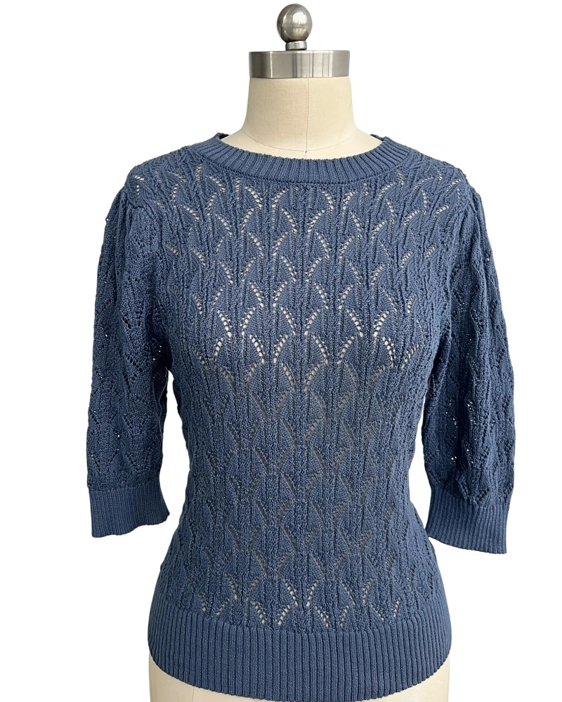 Women's blue cable knit short sleeve sweater