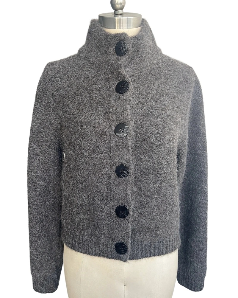 Women's grey high collar button cardigan