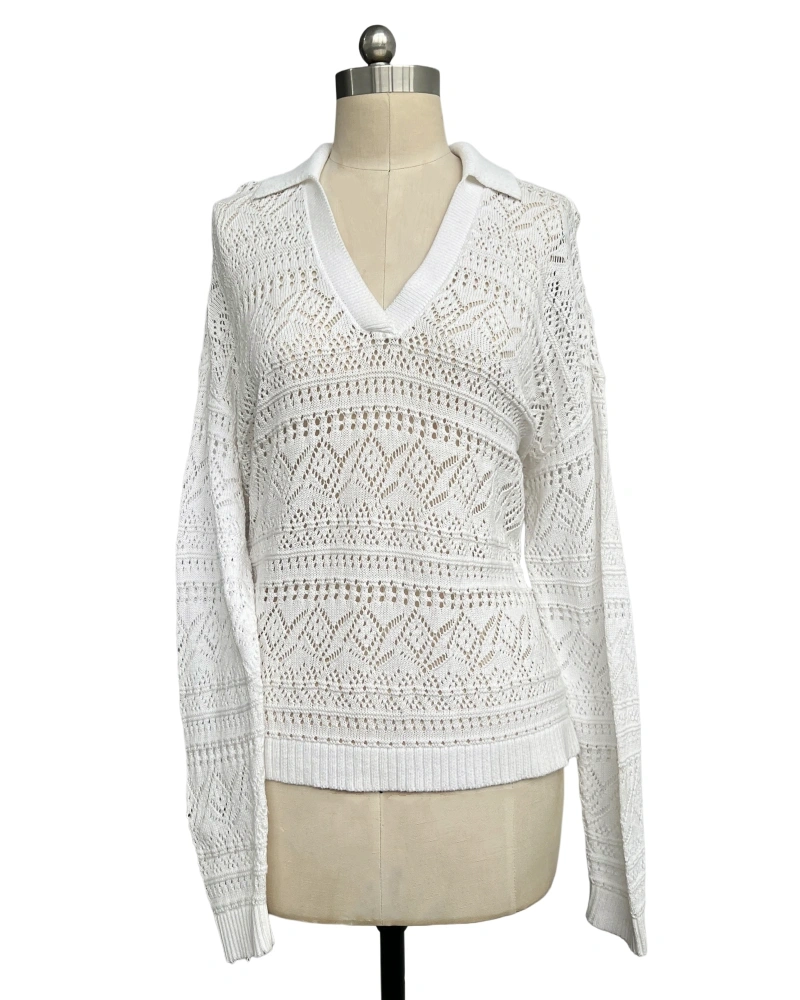 Women's white cable knit V-neck sweater