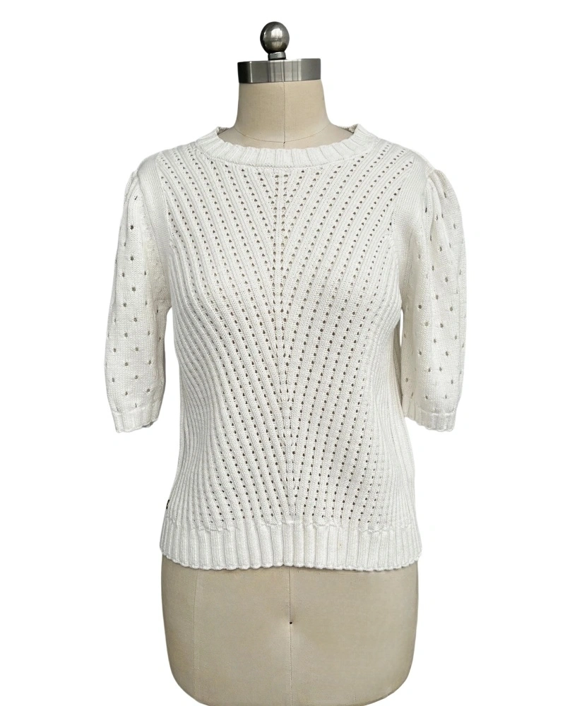 Women's white ribbed short sleeve sweater